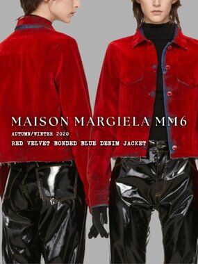 MAISON MARGIELA MM6 Red Velvet Bonded Blue Cotton Denim Jacket Sz IT 40